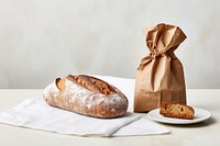 Bread packaging paper bag  baguette food studio shot.