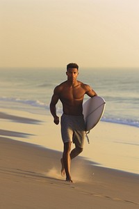 Affrican american male surfboard outdoors beach.