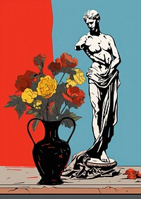 A statue and flowers vase on a table art painting plant. 