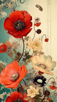 Flowers vintage wallpaper painting poppy plant.