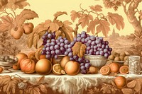 Fruits on tray painting grapes plant.