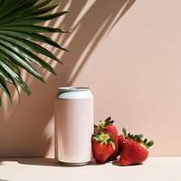 White beer can with strawberry fruit plant food.