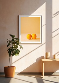 A white poster printed on a wall architecture fruit plant.