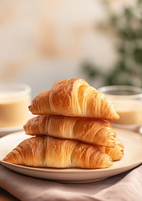  A croissant stack on top of a cup of coffee bread plate food. AI generated Image by rawpixel.