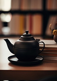  A black teapot sitting on top of a stack of books refreshment tableware porcelain. AI generated Image by rawpixel.