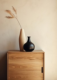  A wooden cabinet with vase furniture architecture houseplant. 