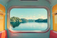 Train interior window with lake view outdoors porthole scenery.