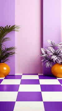  A purple and white checkered pattern is shown flooring plant tile. 