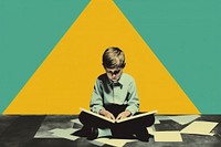 Retro collage of a young boy sitting reading book publication.
