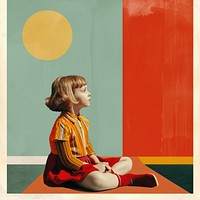 Retro collage of a young girl sitting on the floor exercise fitness person.