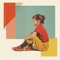 Retro collage of a young girl sitting on the floor photography clothing footwear.