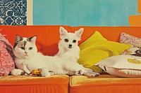 Retro collage of dog and cat on sofa furniture cushion pillow.