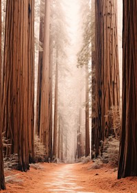 A path through a forest of redwood sequoia trees outdoors woodland nature.