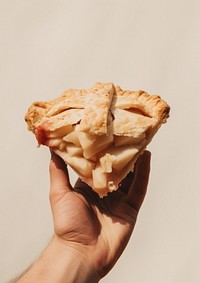 A person holding piece of apple pie dessert food freshness.