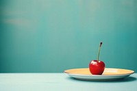 A plate with a pear and cherry on a table fruit plant food. AI generated Image by rawpixel.