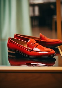 A red loafer withwith vintage mirror on a table footwear shoe clothing. AI generated Image by rawpixel.