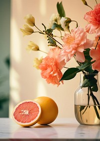 Beautiful flower bouquet and fresh fruits on tabletop grapefruit plant food. 