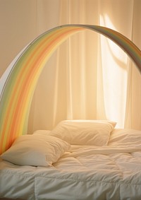 Rainbow lighting with mirror on bed furniture bedroom pillow.