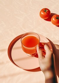 Person holding a glass of tomato juice with a tomato on a plate drink plant food.