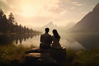 A couple sitting cutely on a mountain lake photography wilderness.