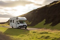 Sun Scene of Moss cover on volcanic landscape with motor home camping van car of Iceland vehicle transportation semi-truck.