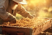 Man using beehive to harvest honey adult agriculture harvesting.