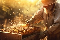 Man using beehive to harvest honey adult agriculture woodworking.