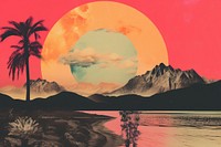 Collage Retro dreamy sunset landscape mountain outdoors.