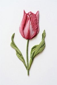 Embroidery style white fabric pink tulip leaves.