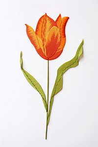 Embroidery style orange tulip white fabric leaves.