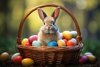Rabbit and colored eggs in the basket rodent animal mammal. AI generated Image by rawpixel.