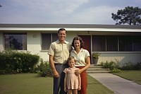 Family in front of suburban home portrait architecture building. AI generated Image by rawpixel.