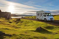 Sun Scene of Moss cover on volcanic landscape with motor home camping van car of Iceland outdoors vehicle nature.