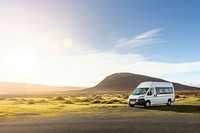 Sun Scene of Moss cover on volcanic landscape with motor home camping van car of Iceland vehicle transportation tranquility.