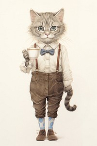 Cat character barista holding coffee cup drawing animal mammal.