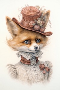 Cute fox character wearing vintage victorian costume drawing sketch portrait.