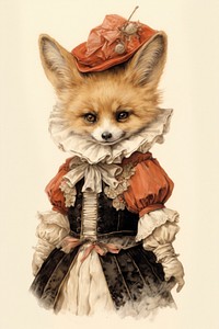 Cute fox character wearing vintage costume drawing mammal animal.