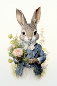 Rabbit character holding flower basket drawing rodent animal.