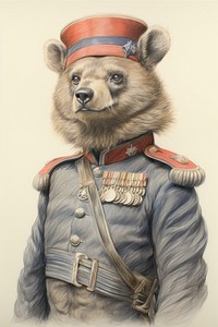 Bear character wearing british soldier costume drawing sketch mammal.