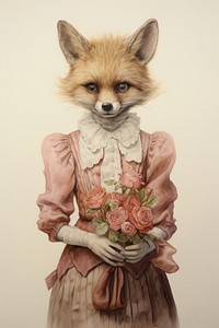 Fox character holding flower basket mammal animal sketch.