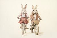 Rabbit characters riding bicycle vehicle drawing mammal.