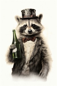 Raccoon character holding wine bottle drawing animal mammal.