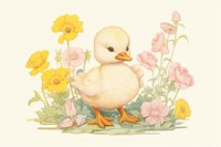 Baby duckling in flower garden painting animal bird. AI generated Image by rawpixel.