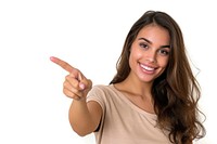 Woman over pointing to the side finger smile adult.