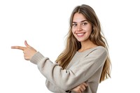 Woman over pointing to the side portrait finger smile.