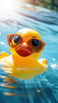  Rubber duck swimming outdoors nature. 