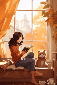Girl reading book sitting window mammal. AI generated Image by rawpixel.