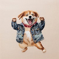 Dog funny action portrait textile drawing.