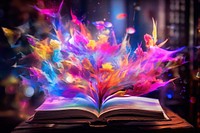 Open book with magic publication glowing purple.