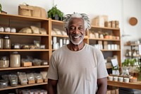 Senior black man smiling adult store.